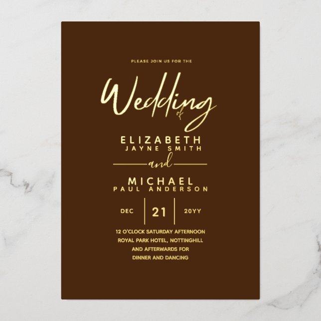 GOLD FOIL Hot Chocolate Modern All-in-1 Wedding Foil Invitation (Front)