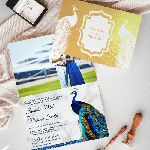 Gold Foil Indian Peacock Photo Wedding Invitation