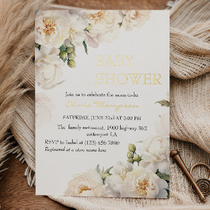 Gold Foil Ivory Peony Elegant Baby Shower Invitation