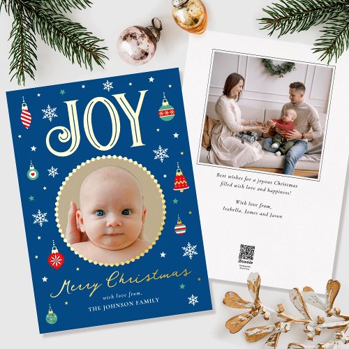 Gold Foil Joy Christmas Ornament Photo Blue Foil Holiday Card