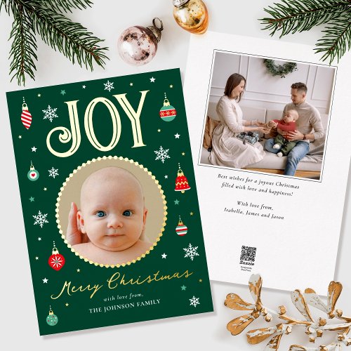 Gold Foil Joy Christmas Ornament Photo Green Foil Holiday Card