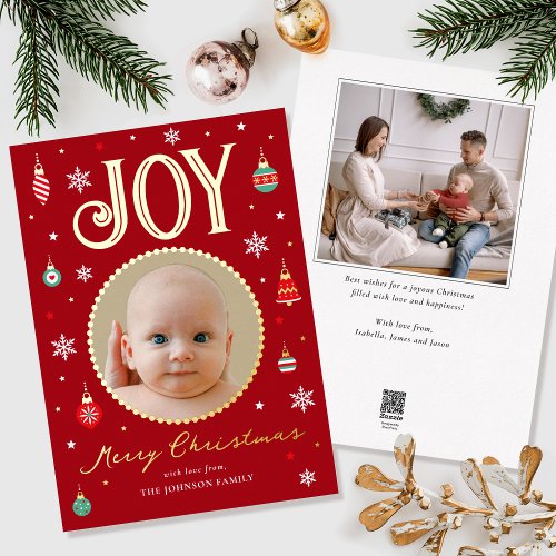 Gold Foil Joy Christmas Ornament Photo Red Foil Holiday Card