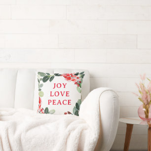 Gold Foil Joy Love Peace Festival Wreath Holiday Throw Pillow