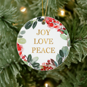 Gold Foil Joy Love Peace Holiday Ceramic Ornament