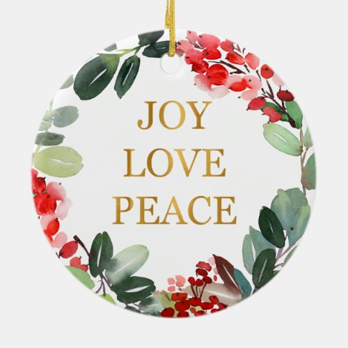 Gold Foil Joy Love Peace Holiday Ceramic Ornament