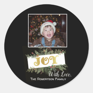 Gold Foil JOY Modern Holiday PHOTO Classic Round Sticker