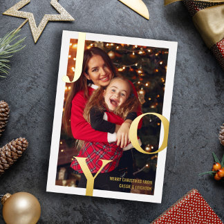 Gold Foil Joy Typography Merry Christmas Photo Foil Holiday Card