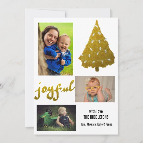 Gold Foil Joyful Script Christmas Tree Three Photo Holiday Card