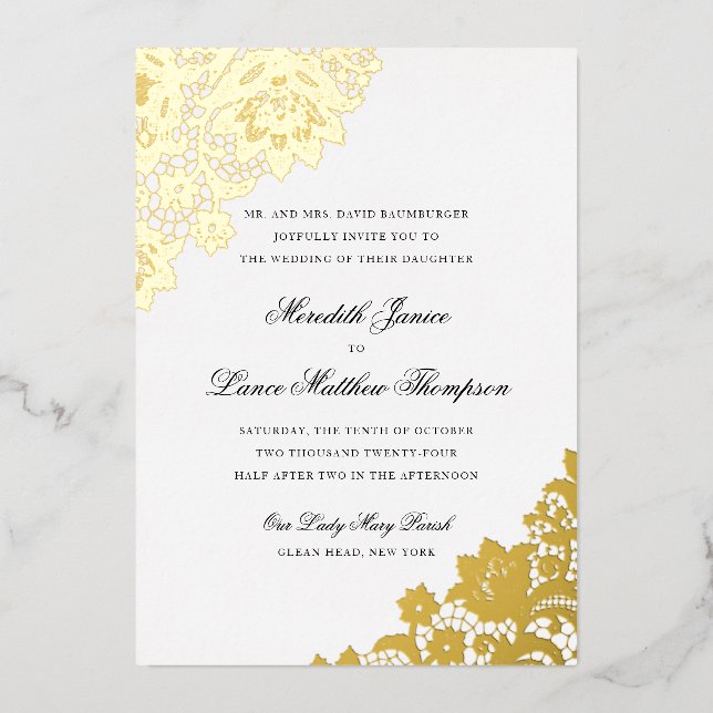 Gold Foil Lace Black and Gold Script Wedding Foil  Invitation (Front)