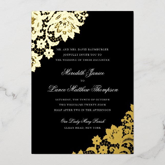 Gold Foil Lace Black and Gold Script Wedding Foil  Invitation (Front)