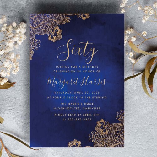 Gold Foil Lace Ornate Blue 60th Sixty Birthday Invitation