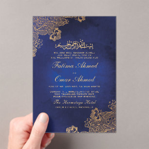 Gold Foil Lace Ornate Blue Islamic Muslim Wedding Acrylic Invitations