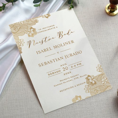 Gold Foil Lace Ornate Nuestra Boda Spanish Wedding Invitation