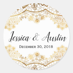 Gold Foil Lace Sticker Wedding Favors Name Date