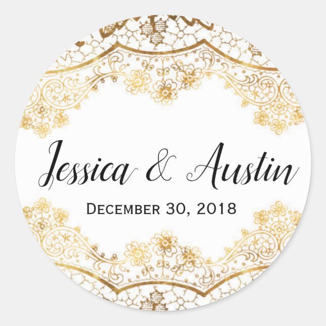 Gold Foil Lace Sticker Wedding Favors Name Date (Front)