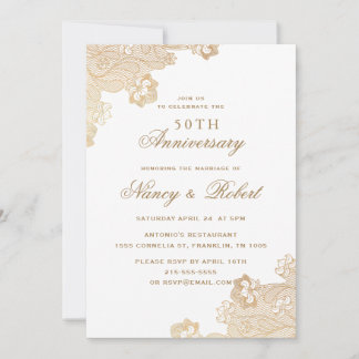 Gold Foil Lace White 50th Wedding Anniversary Invitation