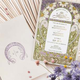Gold Foil Lavender Daisies Wedding Art Nouveau Invitation
