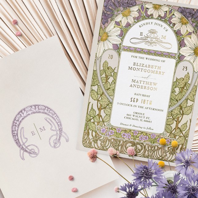 Gold Foil Lavender Daisies Wedding Art Nouveau Invitation (Creator Uploaded)