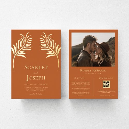 Gold Foil Leaf Decor Terracotta Wedding QR Code Foil Invitation