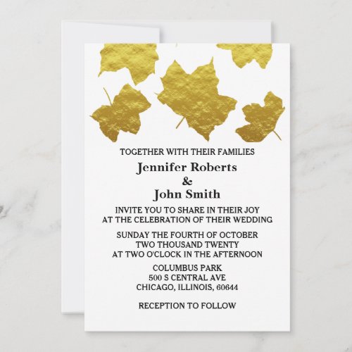 Gold Foil Leaf Fall Foliage White Glittery Wedding Invitation