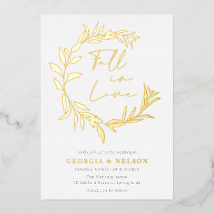 Gold Foil Leave Wreath Fall In Love Wedding Invitation