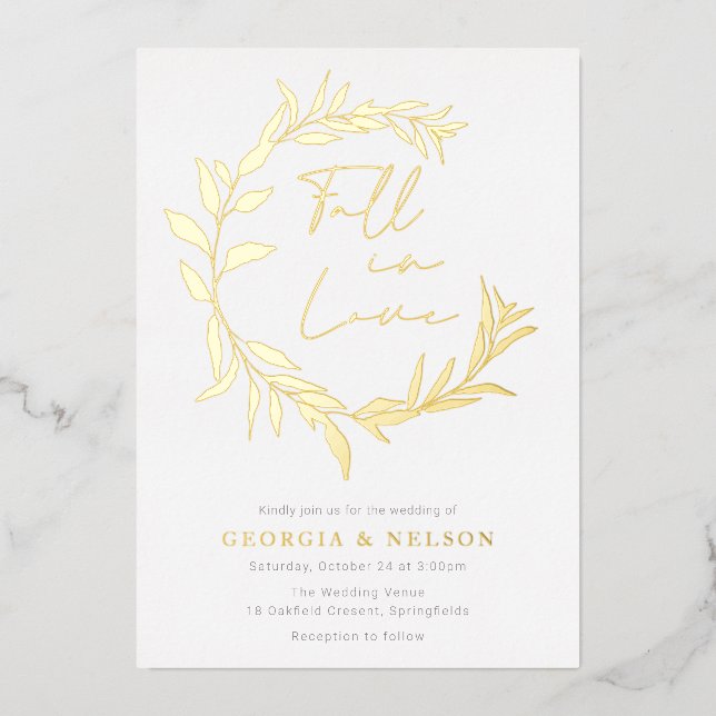 Gold Foil Leave Wreath Fall In Love Wedding Invitation (Front)
