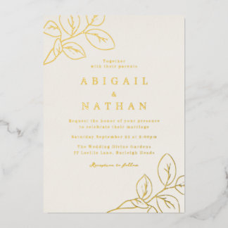 Gold Foil Leaves & Beige Wedding Invitation