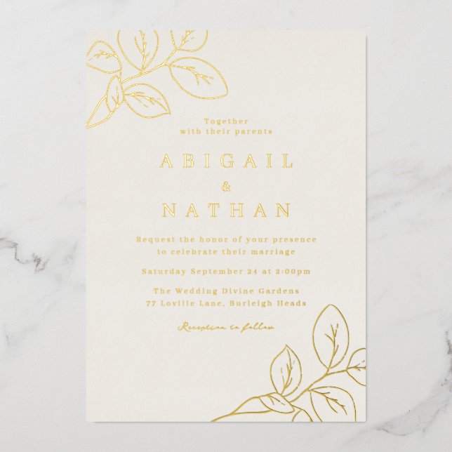 Gold Foil Leaves & Beige Wedding Invitation (Front)