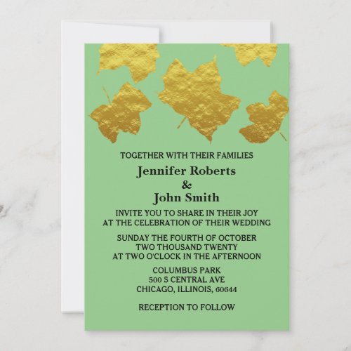 Gold Foil Leaves Sage Green Glittery Cute Wedding Invitation