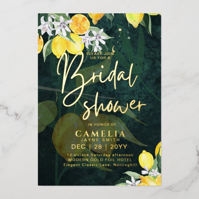 Gold Foil Lemon Zest BRIDAL SHOWER QR Code Foil Invitation (Front)