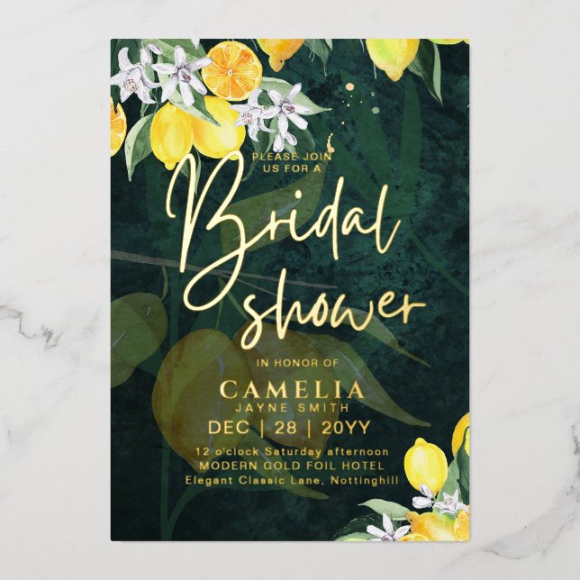 Gold Foil Lemon Zest BRIDAL SHOWER QR Code Invitation (Front)