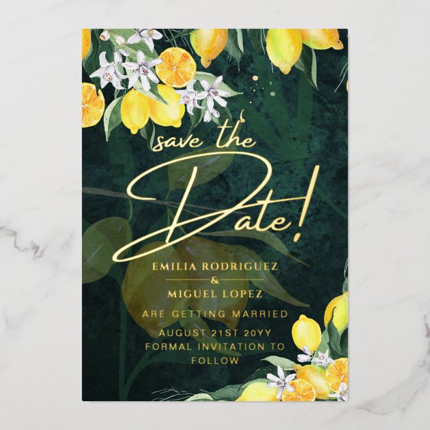 Gold Foil Lemon Zest Wedding Save The Date QR Code Foil Invitation