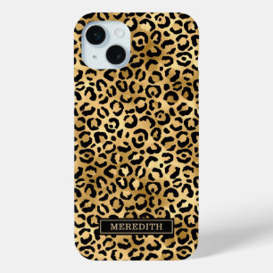 Gold Foil Leopard Print Monogrammed iPhone 15 Plus Case