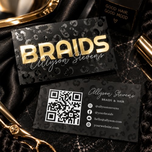 Gold Foil Leopard Spot UV Braids QR Code Gloss Business Cards