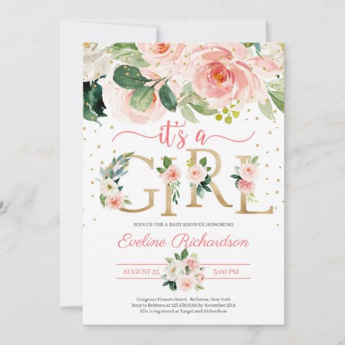 Gold foil letters it's a girl floral baby shower