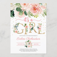 Gold foil letters it's a girl floral baby shower invitation