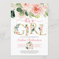 Gold foil letters it's a girl floral baby shower invitation
