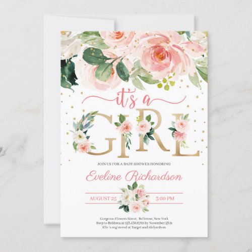 Gold foil letters its a girl floral baby shower invitation