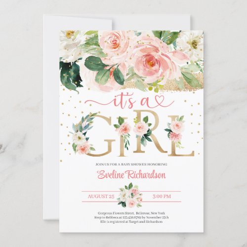 Gold foil letters its a girl floral baby shower invitation