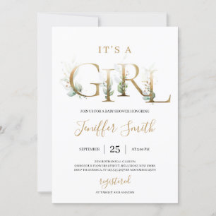 Gold foil letters it's a girl greenery baby shower invitation