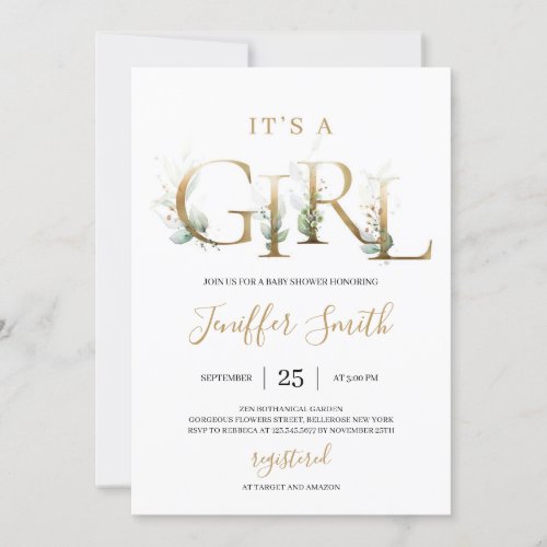 Gold foil letters its a girl greenery baby shower invitation