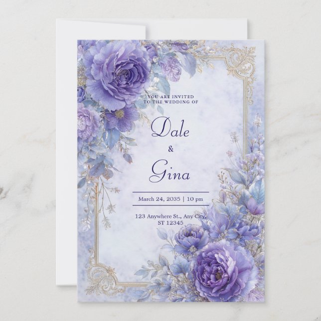 Gold Foil Lilac Purple Floral Baroque Wedding Invitation (Front)