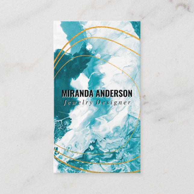 Gold Foil Line | Blue Green Artistic Business Card (Front)