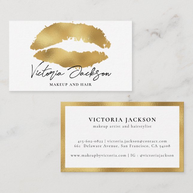 Gold Foil Lips Modern Makeup Artist White Elegant Business Card (Front/Back)