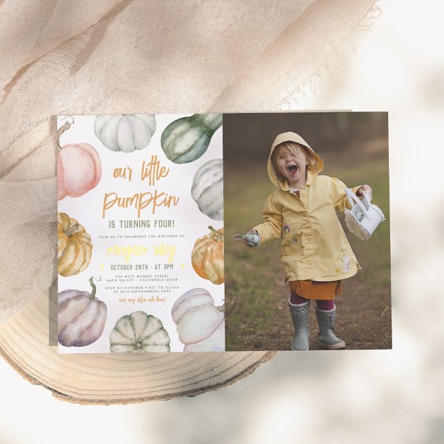 Gold Foil Little Pumpkin Boho Birthday Party Photo Foil Invitation (Creator Uploaded)