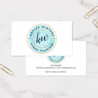 Gold Foil Look and Blue Watercolor Curved Text Business Card