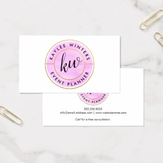 Gold Foil Look and Pink Watercolor Curved Text Business Card