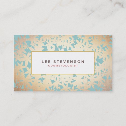 Gold Foil Look and Turquoise Floral Pattern Business Cards