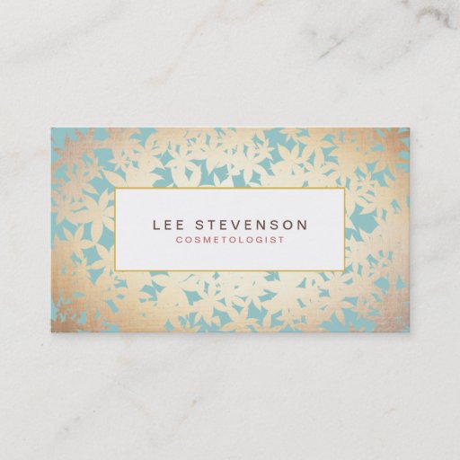 Customizable Gold Foil Look and Turquoise Floral Pattern Business Cards
