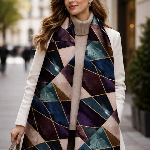 Gold Foil Look Geometric Deep Purple Navy Tan Scarf